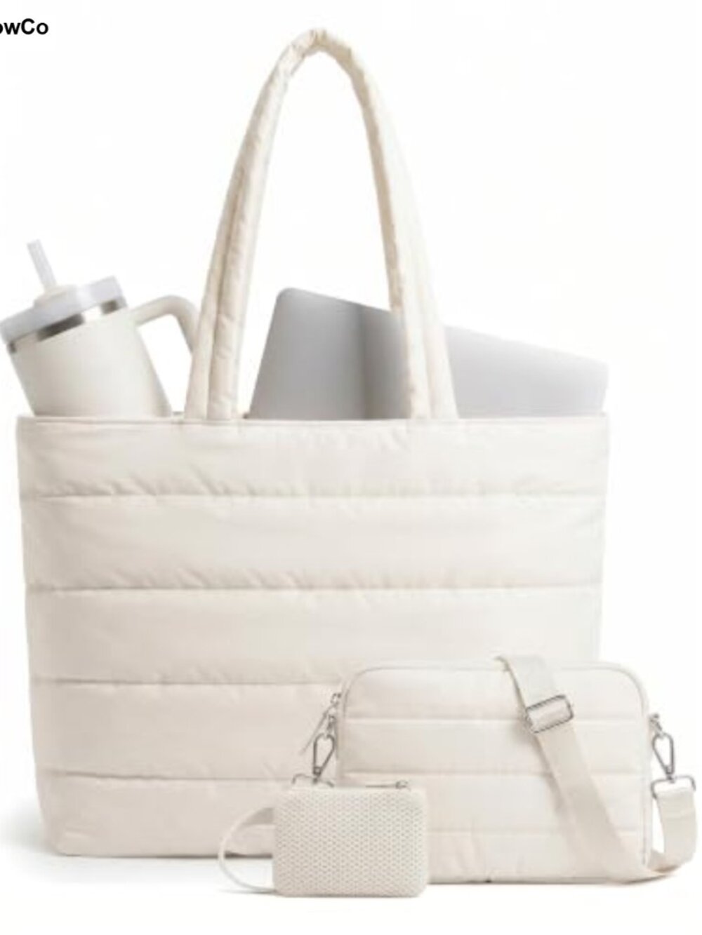 Quilted Puffer Tote Bag Set 3-Piece Laptop Travel Gym